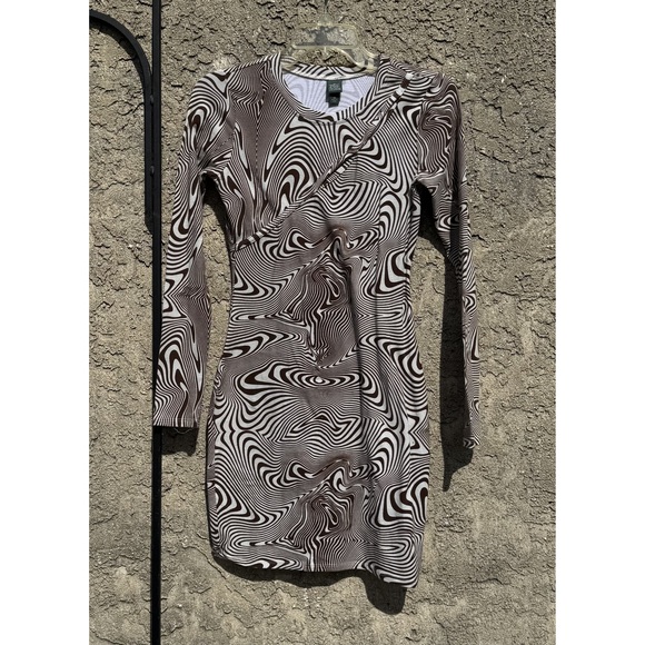 Wild Fable Swirl Print Bodycon‎ Mini Dress Brown White Long Sleeve Sz XS - Picture 1 of 4